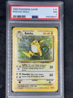 1999 POKEMON BASE SET UNLIMITED #14 RAICHU-HOLO PSA 7 - Image 1