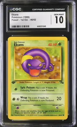 CGC 10 Ekans 46/62 1st Edition Fossil Pokemon Card - Image 1