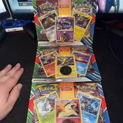 3 Pokemon Sun & Moon & XY 2 pack blister w/ 3 promo cards and coin - Image 1