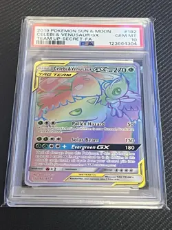 2019 POKEMON SUN & MOON TEAM UP SECRET #182 FULL ART/CELEBI & VENUSAUR GX PSA 10 - Image 1