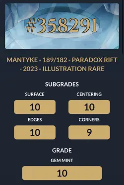 Pokemon Mantyke 189/182 Paradox Rift Illustration Rare Ace 10 Gem Mint - Image 3