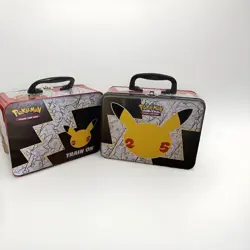 2 EMPTY Pokemon Trading Card Collectible Tin Lunch Box w/ Handle Pikachu 25th A - Image 1