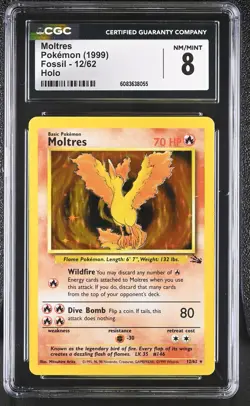 CGC 8 Moltres 1999 Fossil 12/62 Holo Pokemon Card - Image 1