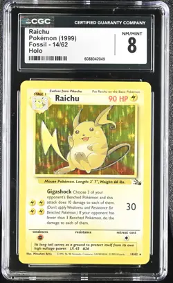 CGC 8 Raichu 1999 Fossil 14/62 Holo Pokemon Card - Image 1