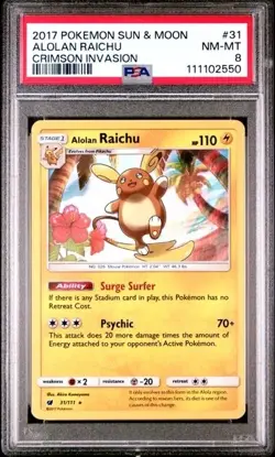 ALOLAN RAICHU #31 PSA 8 • 2017 Pokemon Sun & Moon Crimson Invasion 2550 - Image 1