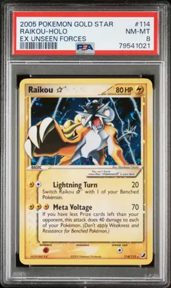 2005 Pokemon Gold Star Raikou 114/115 Holo EX Unseen Forces PSA 8 - Image 1