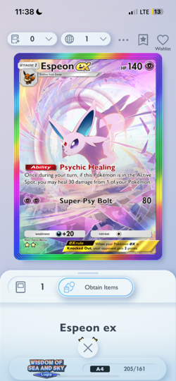 Pokemon TCG POCKET - Espeon EX Rainbow Rare 2?, Wisdom of Sea And Sky, English - Image 1