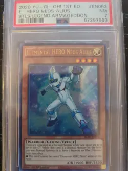 2020 Yu -Gl-OH! 1ST ED. E-HERO NEOS ALIUS BTLS/LEGEND: ARMAGEDDON PSA 7 - Image 1
