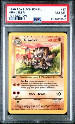 1999 POKEMON FOSSIL 1ST EDITION #37 GRAVELER PSA 8 - Image 1