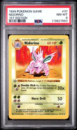 Pokemon Base Set 1st Edition Shadowless Grey Gray Stamp Nidorino 37/102 PSA 8 - Image 1
