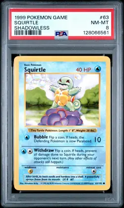 1999 POKEMON GAME SHADOWLESS #63 SQUIRTLE PSA 8 - Image 1