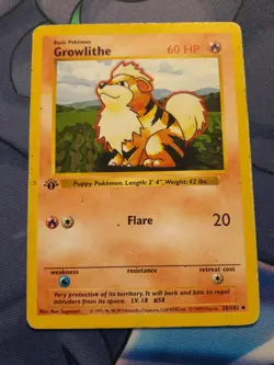 (DMG) Growlithe 28/102 - Pokemon: Base Set 1st Ed. Shadowless - Image 1