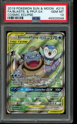 PSA 10 GEM MINT Pokemon Blastoise & Piplup GX Cosmic Eclipse Tag Team #215 2019 - Image 1