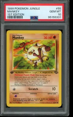 PSA 10 GEM MINT Pokemon Mankey Jungle 1st Edition 55/64 - Image 1
