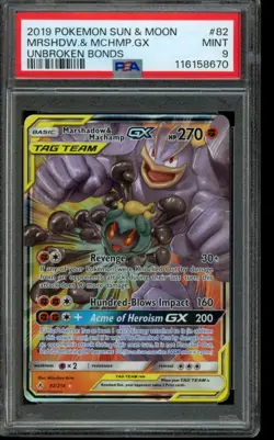 PSA 9 MINT Pokemon Marshadow & Machamp GX Unbroken Bonds Full Art 82/214 - Image 1