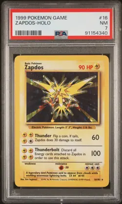 1999 POKEMON BASE SET UNLIMITED #16 ZAPDOS-HOLO PSA 7 - Image 1