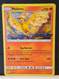 - Moltres 19/181 Rare Cosmos Holo SM Team Up Stamped Pokemon Card , 1 Swirl NM - Image 1