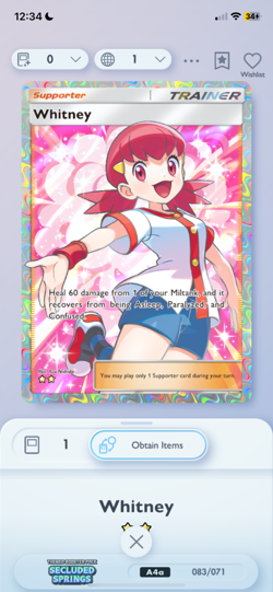 Pokemon Tcg Pocket Trade 2star Whitney Trainer Card English Secluded Springs - Image 1