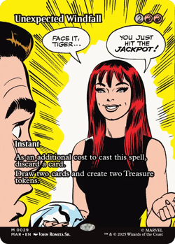 Unexpected Windfall 0029 ~ **Foil ~ Borderless** Mythic MTG Marvel Spider-Man - Image 1