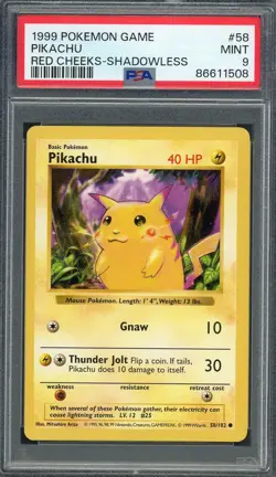 PSA 9 Pikachu (Red Cheeks - Shadowless) Base Set 58/102 Pokemon Card B22 - Image 1
