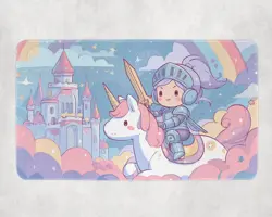 Kawaii Knight MTG Playmat - Pastel Unicorn Rider Fantasy Castle TCG Mat - Image 1