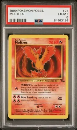 1999 Pokemon TCG Fossil Moltres 1st Edition PSA 6 EX-MT 27/62 Vintage Rare Card - Image 1
