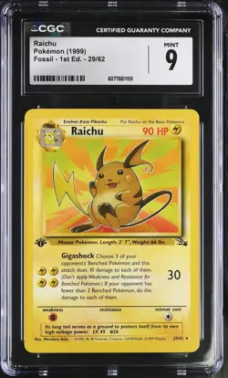 CGC 9 MINT Raichu 1999 Fossil 1st Edition 29/62 Pokemon Card - Image 1