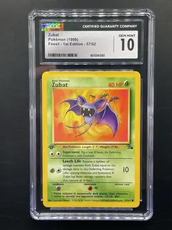 CGC 10 GEM MINT Zubat 57/62 Pokemon (1999) Fossil 1st Edition Regular - Image 1