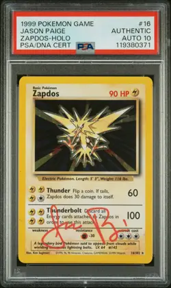 1999 POKEMON BASE SET UNLIMITED #16 ZAPDOS-HOLO PSA AUTHENTIC DNA AUTO 10 - Image 1