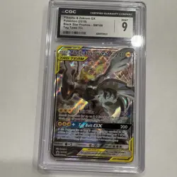 2019 POKEMON TAG TEAM TINS PROMO #SM168 FULL ART/PIKACHU & ZEKROM GX CGC 9 - Image 1