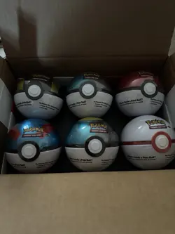 BRAND NEW 6 Sealed Pokemon Pokeball Trading Card Tins (3 Packs Each) W/ Display - Image 1