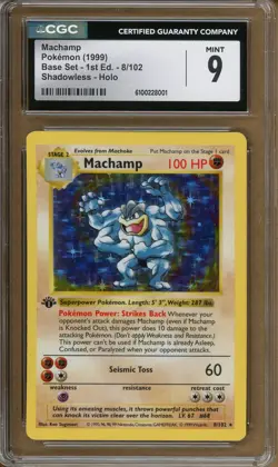 Pokemon Base Set 1st Edition Shadowless #8/102 Machamp Holo Rare CGC 9 - Image 1