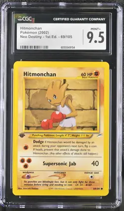 CGC 9.5 MINT+ Hitmonchan Neo Destiny 1st Edition 69/105 Pokemon Card - Image 1