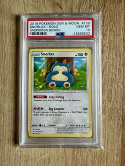 Pokemon Snorlax Holo Sun & Moon Unbroken Bonds 158/214 - PSA 10 - LOW POP - Image 1