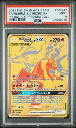 2021 POKEMON SM BLACK STAR PROMO #SM247 FULL ART/RESHIRAM & CHARIZARD GX PSA 9 - Image 1