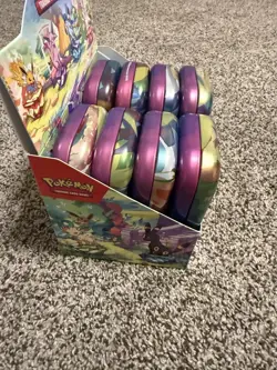 EMPTY Pokemon Prismatic Evolutions Mini Tins Complete Display With COIN + INSERT - Image 2