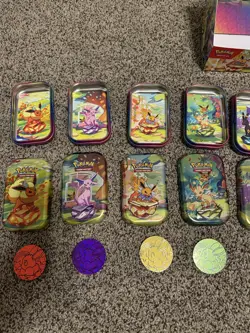 EMPTY Pokemon Prismatic Evolutions Mini Tins Complete Display With COIN + INSERT - Image 5