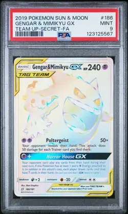 2019 POKEMON SUN & MOON TEAM UP SECRET #186 FULL ART/GENGAR & MIMIKYU GX PSA 9 - Image 1