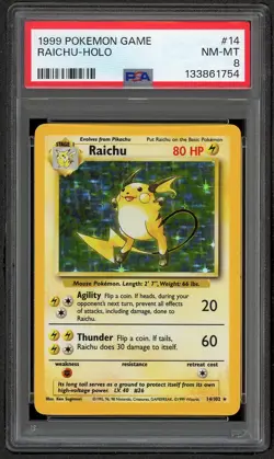 1999 POKEMON BASE SET UNLIMITED #14 RAICHU-HOLO PSA 8 NM MINT - Image 1