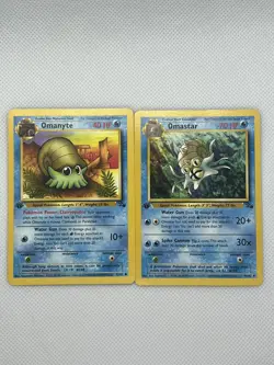 1999 WOTC Pokemon 1st Edition Omanyte 52/62 and Omastar 40/62 Fossil MP - Image 1