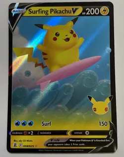 Surfing Pikachu V - 008/025 - Pokemon Celebrations Sword & Shield Rare Card NM - Image 1