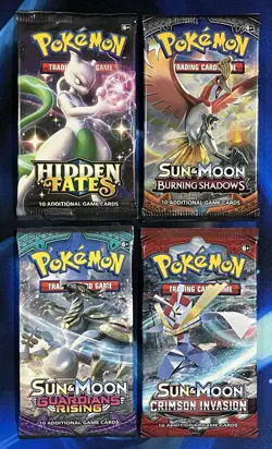 Pokemon Sun & Moon Booster Pack Lot X4 Hidden Fates Burning Shadows Guardians Ri - Image 1