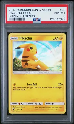 2017 POKEMON SUN & MOON SHINING LEGENDS #28 PIKACHU-HOLO PSA 8 - Image 1