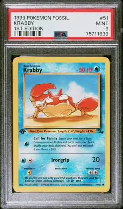 1999 Pokemon Fossil Krabby 1ST Edition PSA 9 - Image 1