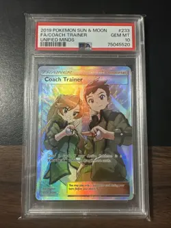 Pokemon! PSA 10 Coach Trainer 233/236 Sun & Moon: Unified Minds - Gem Mint - Image 1