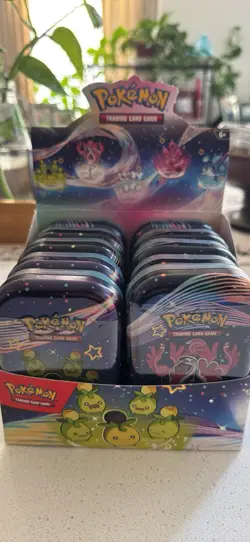 Pokemon TCG Paldean Fates Mini Tins With Display Box 10 Open Tins NO CARDS - Image 1