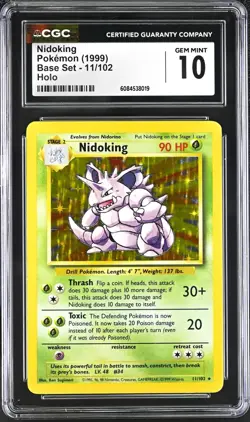 CGC 10 GEM MINT Nidoking 1999 Base 11/102 Holo Pokemon Card psa - Image 1