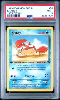PSA 9 MINT 1999 POKEMON FOSSIL 51 KRABBY 1ST EDITION ENGLISH - Image 1