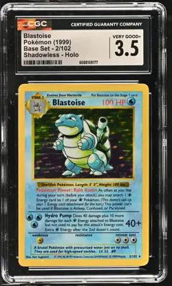 CGC 3.5 Blastoise 1999 Base Set 2/102 Shadowless Holo Pokemon Card - Image 1