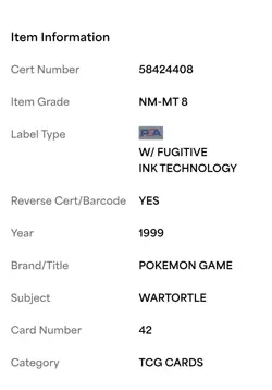 1999 POKEMON BASE SET UNLIMITED #42 WARTORTLE PSA 8 - see photos - small crack - Image 4